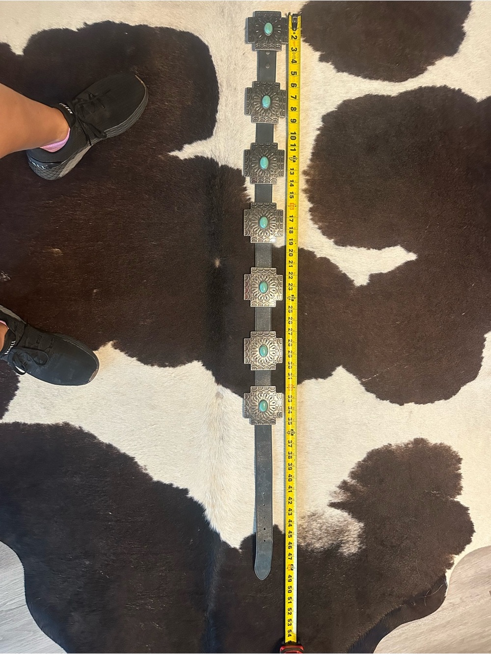 L&B Black Leather Belt with Turquoise Accents and Silver Conchos